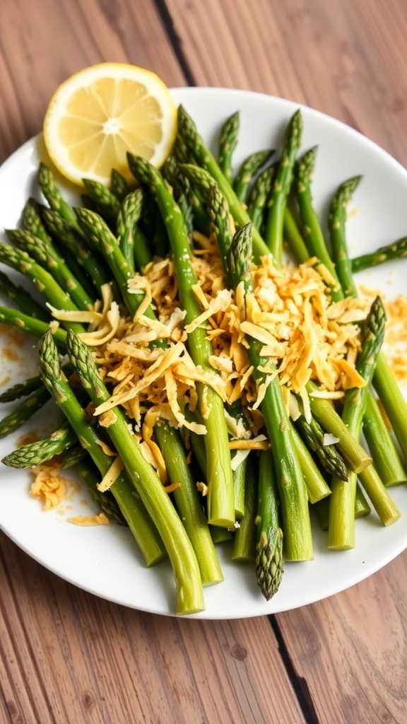 Oven-baked asparagus with crispy Parmesan cheese served on a plate with lemon.